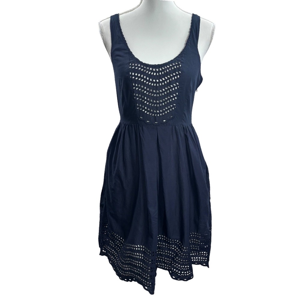 Moulinette Soeurs Anthropologie Navy Blue Eyelet Cotton Silk Fit Flare Dress 6